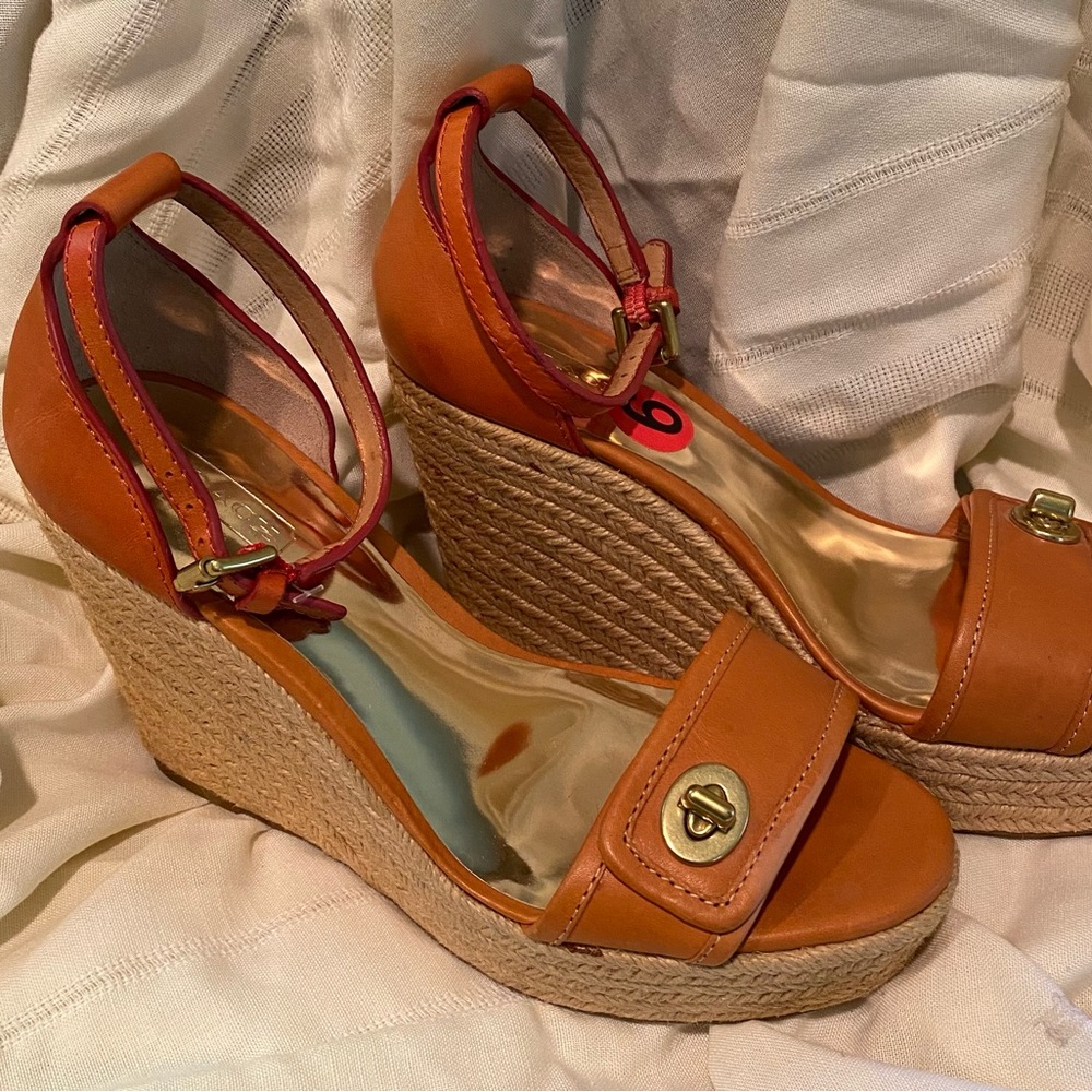 Coach NWOT Wedge Ankle Strap Sandals Shoes Tan Sz 6